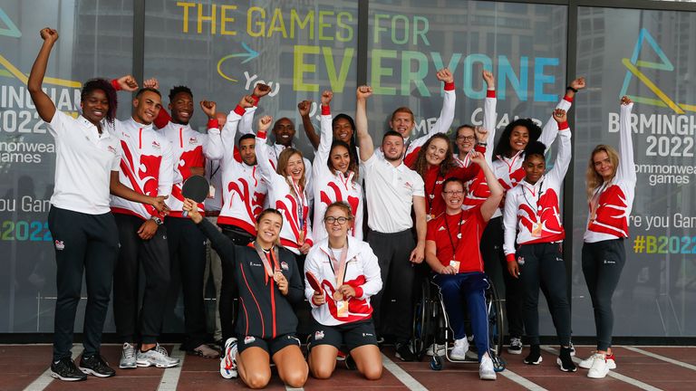 BIRMINGHAM, ENGLAND - JULY 27: Team England athletes pose during the Birmingham 2022 Commonwealth Games celebrates three-year countdown to 'The Games For Everyone', at Centenary Square on July 27, 2019 in Birmingham, England. (Photo by Miles Willis/Getty Images for Birmingham 2022)