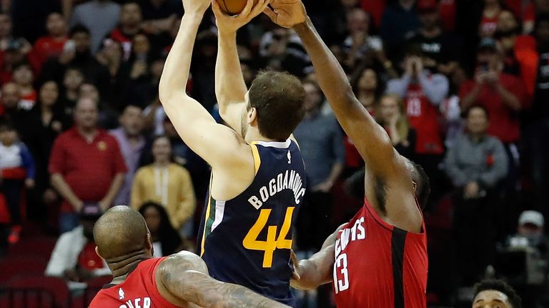 Bojan Bogdanovic launches a game-winning buzzer-beater over the Rockets defenders
