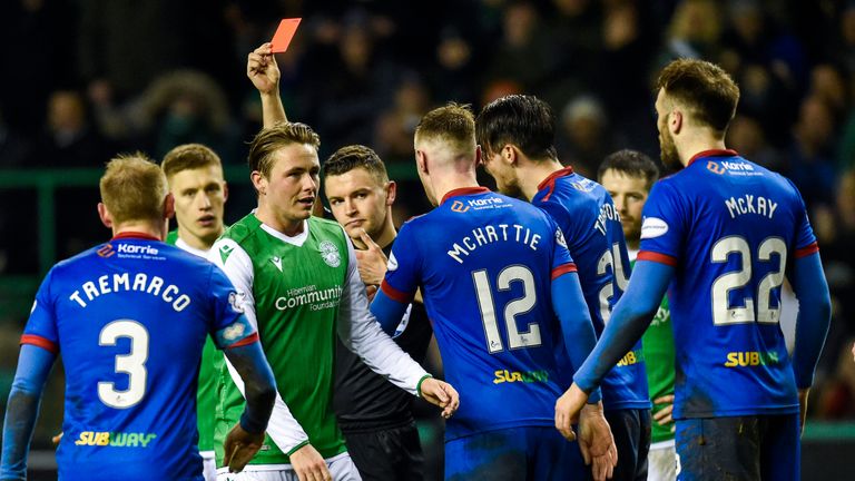 Brad McKay is red carded during the Scottish Cup quarter-final