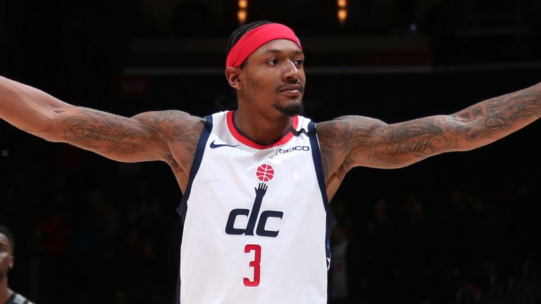 Bradley Beal celebrates after scoring against the Nets