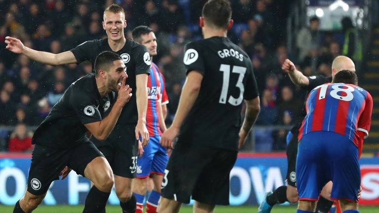 Neal Maupay of Brighton celebrates after scoring his sides first goal during the Premier League match between Crystal Palace and Brighton & Hove Albion at Selhurst Park on December 16, 2019 in London, United Kingdom.