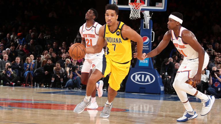 Malcolm Brogdon of the Indiana Pacers handles the ball against the New York Knicks