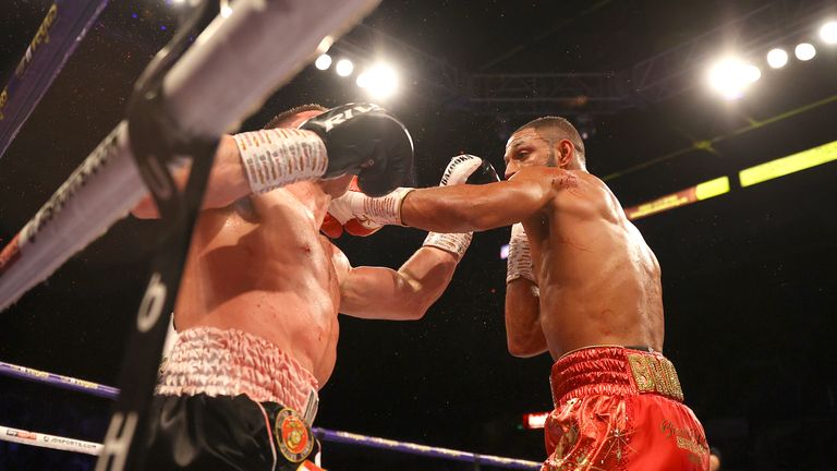 Kell Brook punches Mark DeLuca during the WBO Intercontinental Super-Welterweight Title Fight at FlyDSA Arena on February 08, 2020