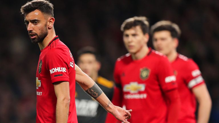 Bruno Fernandes during his Premier League debut against Wolverhampton Wanderers at Old Trafford on February 1, 2020