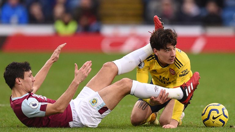 Hector Bellerin tangles with Jack Cork during the stalemate on Super Sunday