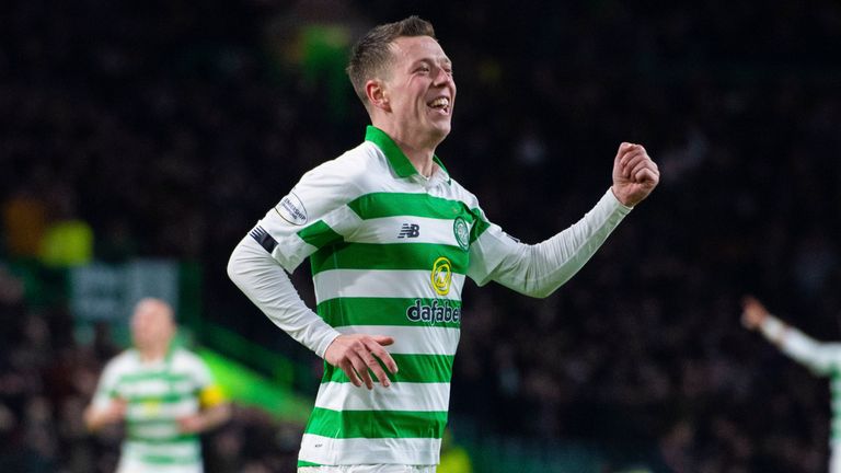 Calum McGregor celebrates scoring for Celtic against Hearts