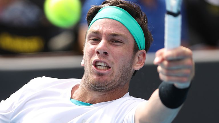 Cameron Norrie of Great Britain plays a forehand against Thiago Monteiro of Brazil during day one of the 2020 Men's ASB Classic at ASB Tennis Centre on January 13, 2020 in Auckland, New Zealand. 