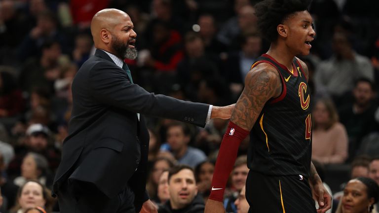New Cleveland head coach JB Bickerstaff walks Kevin Porter Jr off the court after two the Cavaliers player picked up two technical fouls during the second half at Capital One Arena
