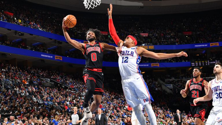 Coby White of the Chicago Bulls shoots the ball against the Philadelphia 76ers