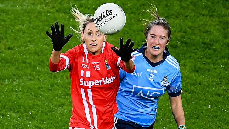 Orla Finn of Cork and Éabha Rutledge of Dublin during the sides' meeting at Croke Park on Saturday evening