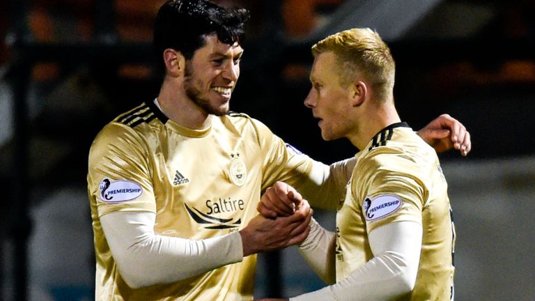 Curtis Main celebrates with Scott McKenna after scoring to put Aberdeen 1-0 up at Hamilton