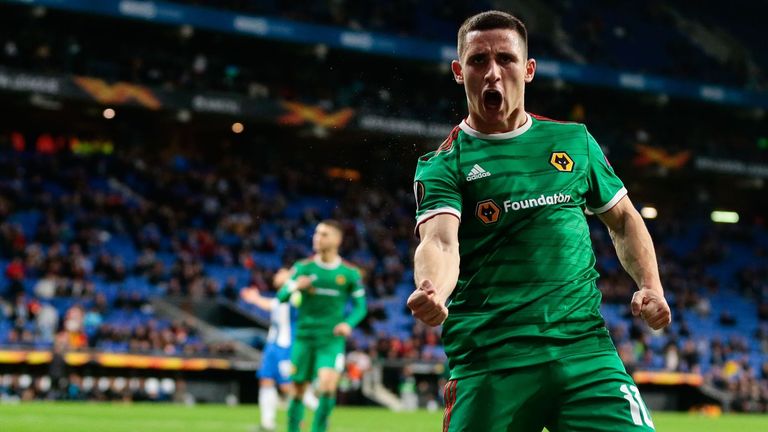 Daniel Podence celebrates Matt Doherty's goal for Wolves against Espanyol