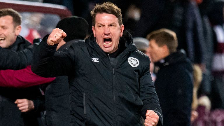 Daniel Stendel celebrates as Hearts take the lead during the William Hill Scottish Cup quarter-final match against Rangers