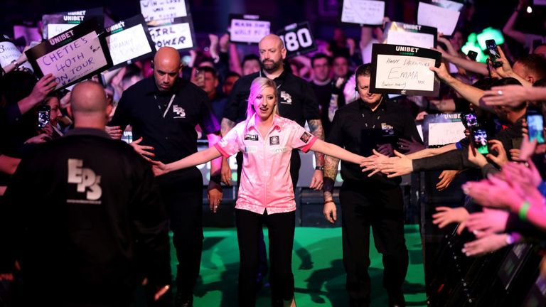 Fallon Sherrock enters the arena prior to her match against Glen Durrant during day two of the Unibet Premier League at Motorpoint Arena on February 13, 2020 in Nottingham, England. 