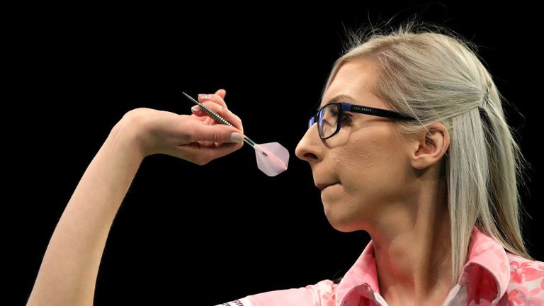 Fallon Sherrock throws in her match against Glen Durrant during day two of the Unibet Premier League at Motorpoint Arena on February 13, 2020 in Nottingham, England