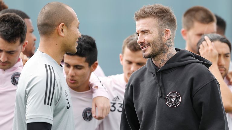 FORT LAUDERDALE, FLORIDA - FEBRUARY 25: Owner and President of Soccer Operations David Beckham talks with goalie Luis Robles #31 after he was named club captain, during media availability at Inter Miami CF Stadium on February 25, 2020 in Fort Lauderdale, Florida. (Photo by Michael Reaves/Getty Images)