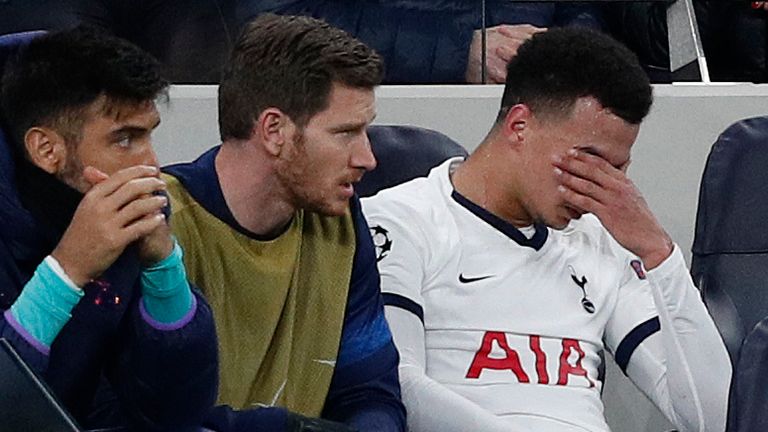 Dele Alli on the bench after being substituted 