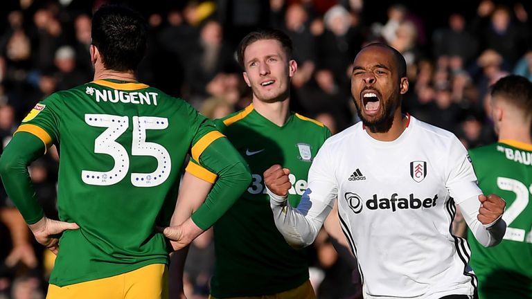 Denis Odoi of Fulham celebrates his sides first goal, an own goal scored by David Nugent