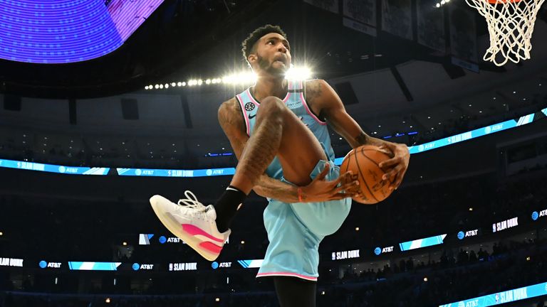 Derrick Jones Jr. #5 of the Miami Heat participates in the 2020 NBA All-Star - AT&T Slam Dunk on February 15, 2020 at the United Center in Chicago, Illinois. 