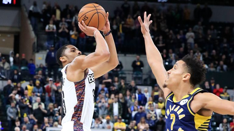  Spencer Dinwiddie #26 of the Brooklyn Nets hits the game winning shot in the 106-105 win against the Indiana Pacers at Bankers Life Fieldhouse