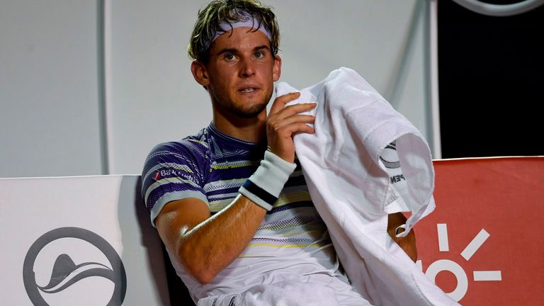 Austria's Dominic Thiem rests during the ATP World Tour Rio Open singles match against Brazil's Felipe Meligeni (out of frame) at the Jockey Club in Rio de Janeiro, Brazil on February 18, 2020. 