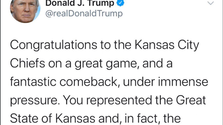 Trump tweet congratulates Kansas after Chiefs Super Bowl win