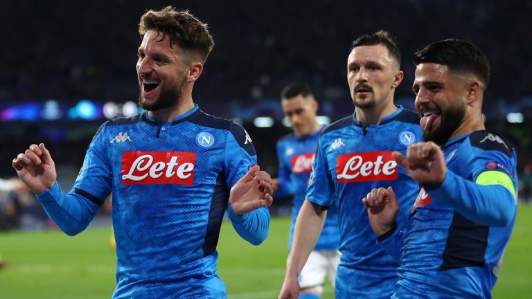 Dries Mertens celebrates scoring for Napoli against Barcelona