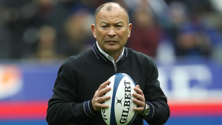 England head coach Eddie Jones looks on as players warm up prior to the 2020 Six Nations match between France and England at Stade de France