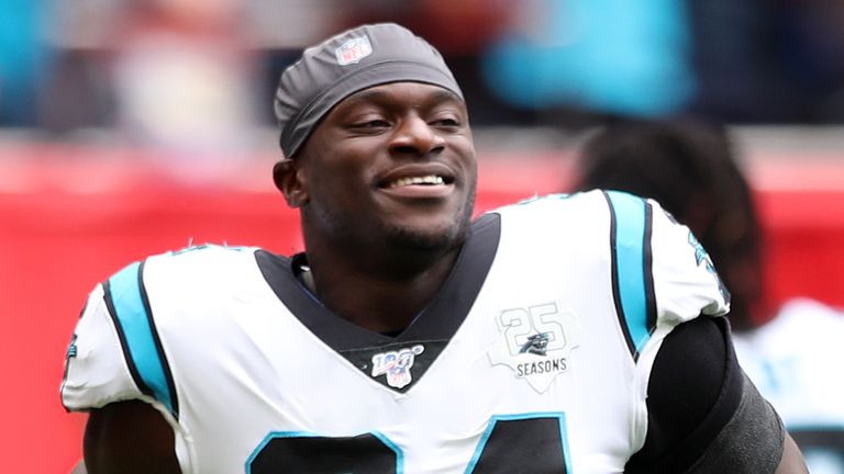 Carolina Panthers defensive end Efe Obada (94) is interviewed on the  sidelines after playing against the Tampa Bay Buccaneers in an NFL football  game, Sunday, Oct. 13, 2019, at Tottenham Hotspur Stadium