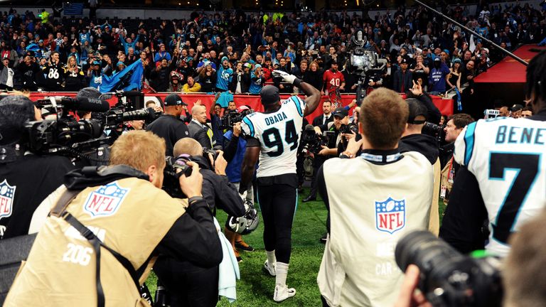 Obada addresses the UK fans during the Panthers&#39; clash with the Buccaneers at Wembley