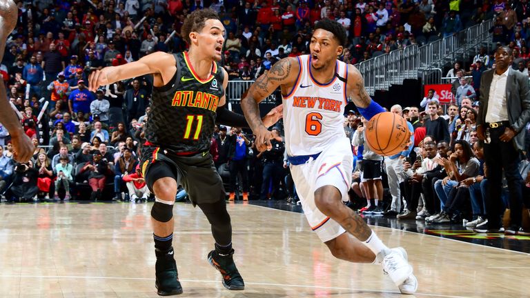 Elfrid Payton of the New York Knicks handles the ball against the Atlanta Hawks