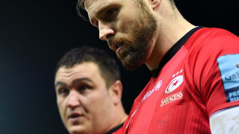 Elliot Daly (right) and Jamie George of Saracens
