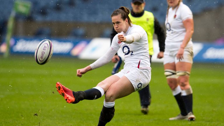 England&#39;s Emily Scarratt kicks a conversion during the Women&#39;s Six Nations match at BT Murrayfield