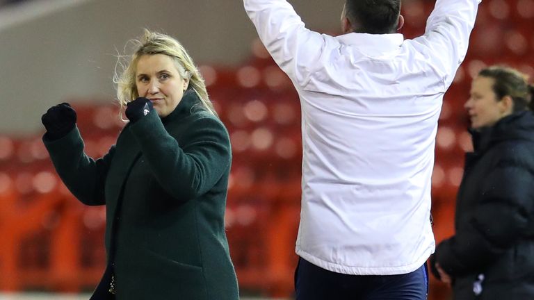 Emma Hayes celebrates at full-time following Chelsea's 2-1 win over Arsenal in the FA Women's Continental League Cup Final