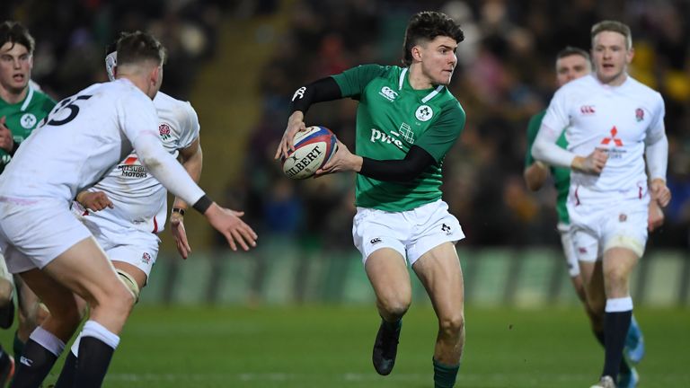 Andrew Smith of Ireland makes a break leading to the fifth try during the U20s Six Nations match between England and Ireland at Franklin&#39;s Gardens on February 21, 2020 in Northampton, England. 