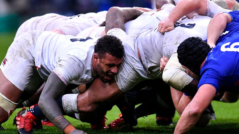 Courtney Lawes battling in the scrum at the Stade de France on Sunday