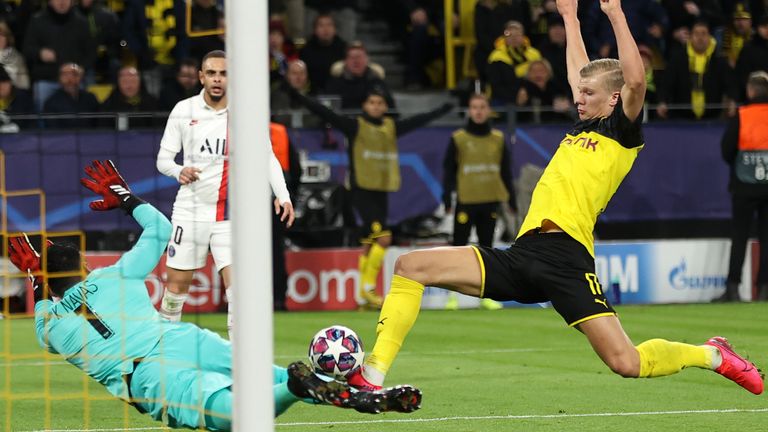 Erling Haaland scores to give Borussia Dortmund the lead against PSG