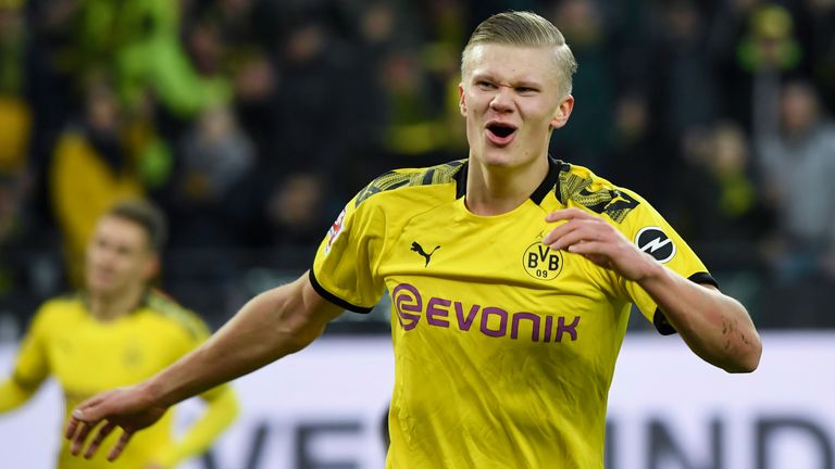 Erling Haaland celebrates after scoring against Union Berlin on February 1, 2020
