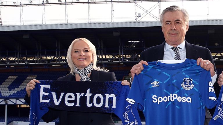 Chief executive Denise Barrett-Baxendale (L) with Everton boss Carlo Ancelotti  