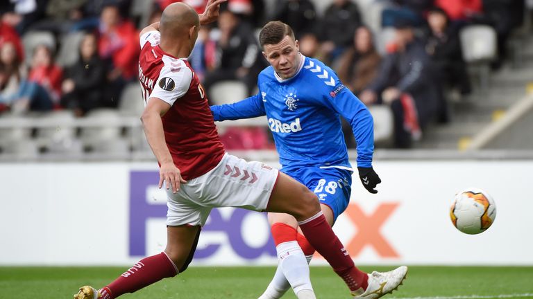 Florian Kamberi takes a shot on goal during Braga vs Rangers