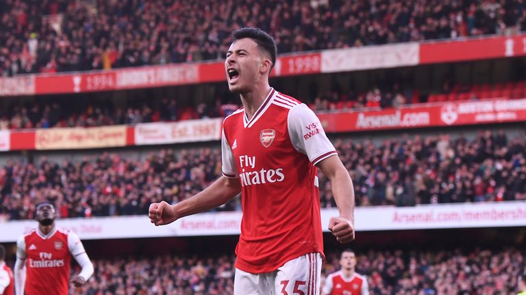 Gabriel Martinelli celebrates scoring Arsenal's goal during the Premier League match between Arsenal FC and Sheffield United at Emirates Stadium on January 18, 2020 in London, United Kingdom.