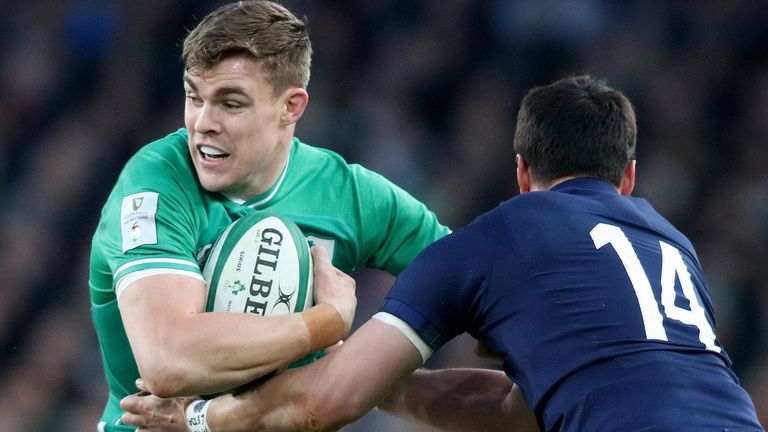 Scotland's wing Sean Maitland (R) takles Ireland's centre Garry Ringrose during the Six Nations international rugby union match between Ireland and Scotland at the Aviva Stadium in Dublin