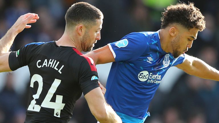 Gary Cahill tries to challenge Dominic Calvert-Lewin at Goodison Park