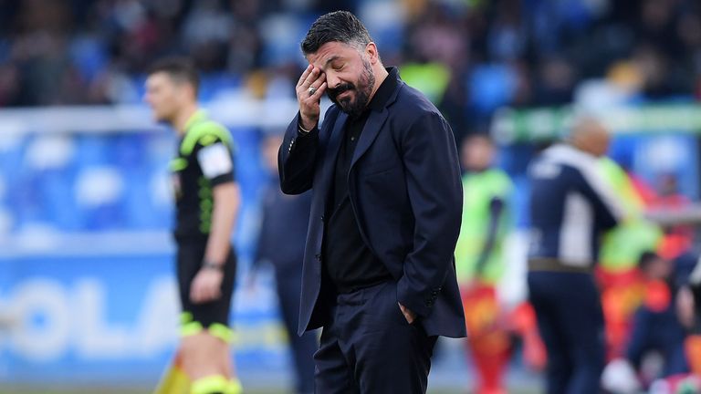 NAPLES, ITALY - FEBRUARY 09: Gennaro Gattuso SSC Napoli coach stands disappointed during the Serie A match between SSC Napoli and US Lecce at Stadio San Paolo on February 09, 2020 in Naples, Italy. (Photo by Francesco Pecoraro/Getty Images)