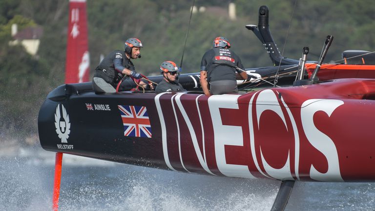 Great Britain SailGP Team helmed by Ben Ainslie in action during races on Race Day 2. Sydney SailGP