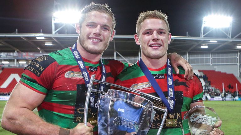Picture by Alex Whitehead/SWpix.com - 22/02/2015 - Rugby League - World Club Challenge - St Helens v South Sydney Rabbitohs - Langtree Park , St Helens, England - Rabbitohs' George Burgess (R) and Tom Burgess (L) celebrate the win.