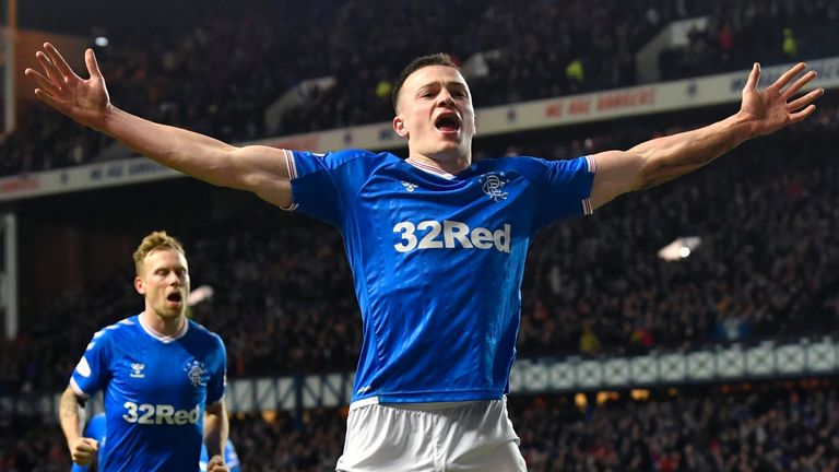 George Edmundson celebrates scoring for Rangers against Hibernian