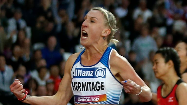 Georgie Hermitage celebrates winning the 100m T37 at the 2017 World Para Athletics Championships at London Stadium.