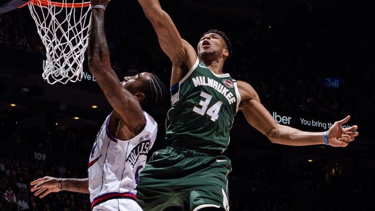 Giannis Antetokounmpo denied Rondae Hollis-Jefferson at the rim with a huge chasedown block
