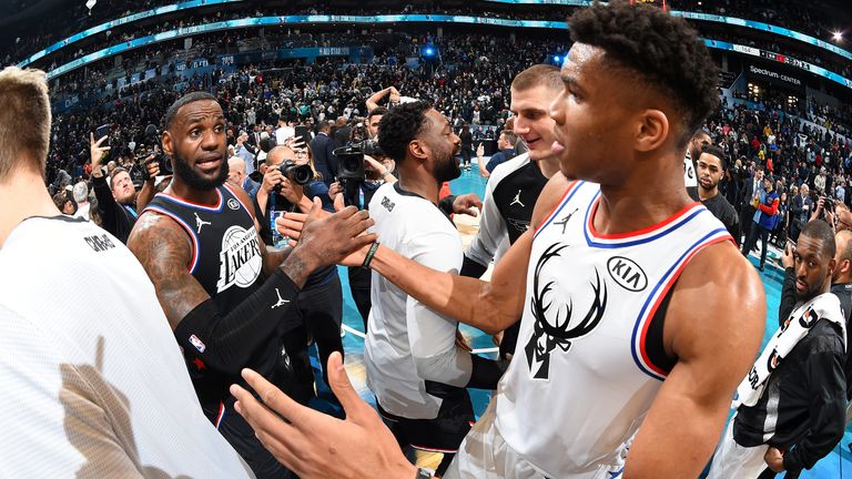 LeBron James of Team LeBron and Giannis Antetokounmpo of Team Giannis shake hands the 2019 NBA All-Star Game